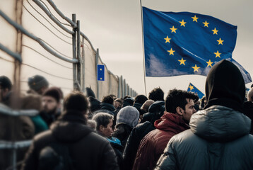 abstract fictional people at a high fence, at a fictional european border or border crossing to Europe, refugees or immigrants standing in an endless queue or row along the fence. Generative AI
