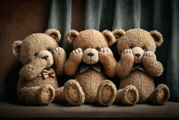 Teddy bears see hear speak no evil. Generative AI