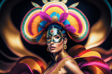 Woman dressed for carnival dance party traditional festival with mask and colorful headdress. Beautiful woman masked and dressed for carnival party wearing golden feather costume. Generative Ai