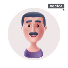 Man with mustache avatar in circle frame. Realistic 3D style vector character illustration in cartoon style.