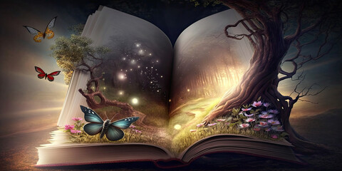 An opened magical storybook, reading it in existence. Generative AI