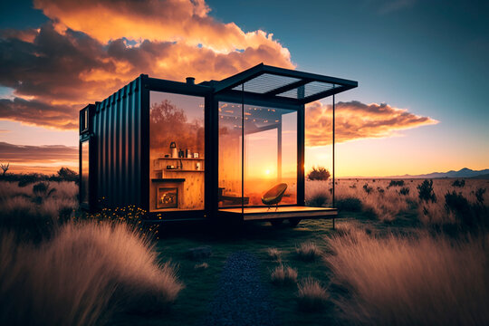 modern tiny house made out of container, concept of modern and cheap living, generative ai