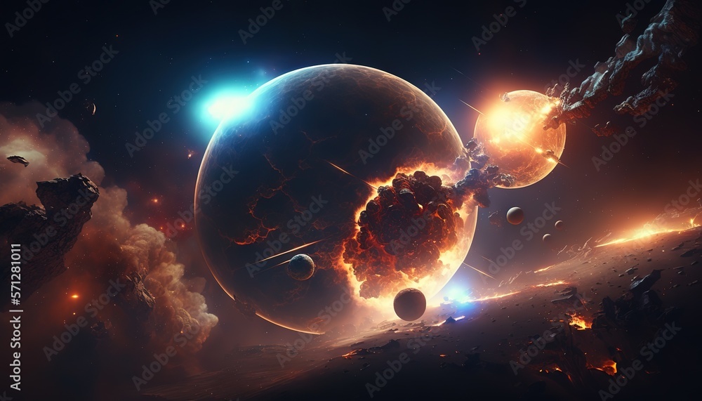 Poster galaxy, outer space background with planets and explosion with fire, smoke and flying stone debris.b