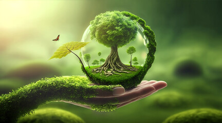 grüne Mooshand hält Kugel mit Baum, Naturschutz, generative AI - obrazy, fototapety, plakaty