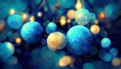 Obraz na płótnie Canvas Golden bokeh particles on blue background, 3D rendering. Generative Ai