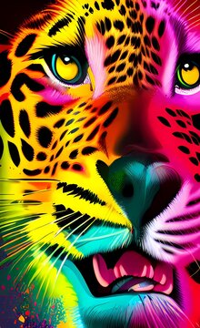 Cheetah portrait close-up. Animal portrait avatar: cheetah on a bright colorful background. AI-generated digital illustration.