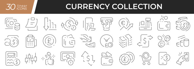 Fototapeta na wymiar Currency linear icons set. Collection of 30 icons in black
