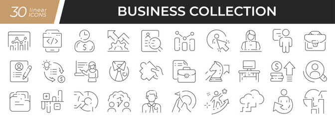 Obraz na płótnie Canvas Business linear icons set. Collection of 30 icons in black