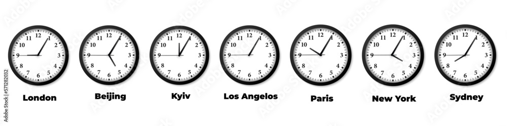 Poster Set of clock with time zone of different city with shadow