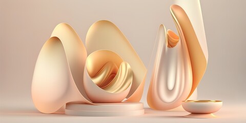Abstract, gentle 3d product podium, pastel pink and beige colors that are iridescent, change when seen from different angles. Generative AI.