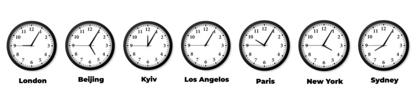 Set of clock with time zone of different city with shadow