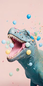 Dinosaur Party Concept, Small Cute Dinosaur With Birthday Cap Having Fun, Confetti And Balloons On Pastel Background. Party Animal. Generative AI.