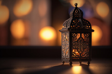 Fototapeta na wymiar Ornamental Arabic lantern with burning candle glowing at night. Muslim holy month Ramadan Kareem made with generative AI