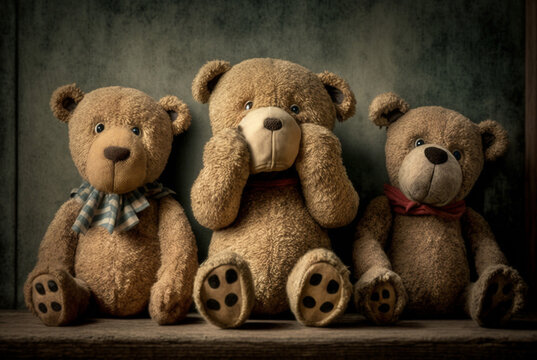 Three teddy bears see hear speak no evil, child abuse and home violence concept. Generative AI