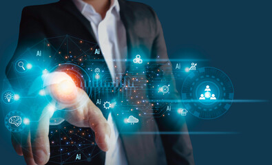 Businessman touching the icons of artificial intelligence (AI) in futuristic business and...