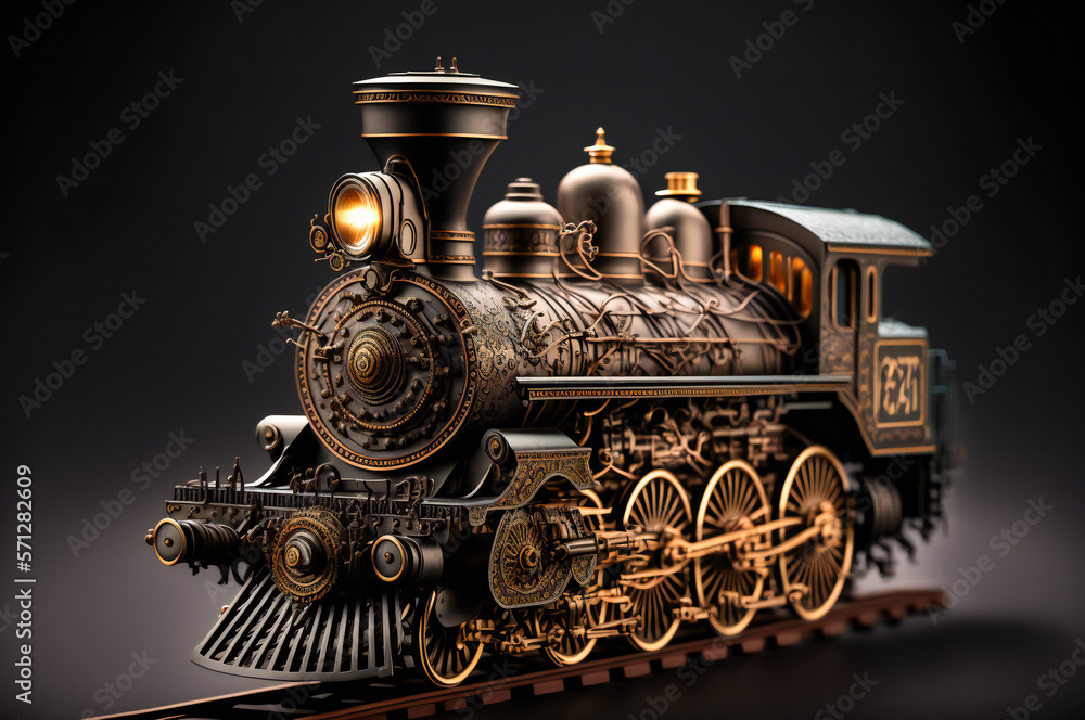 Poster model steam locomotive. fictional. created with generative ai technology.
