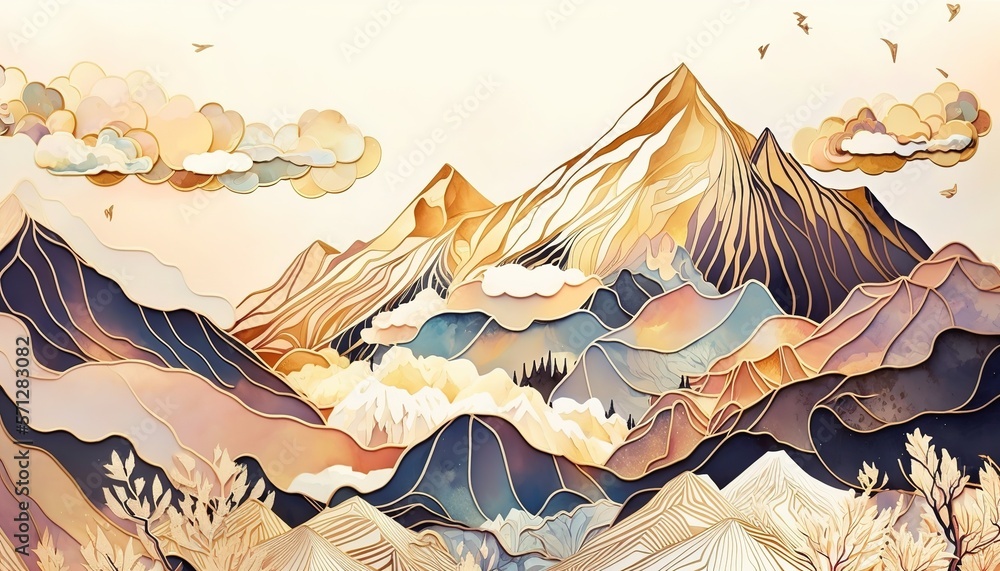 Wall mural Mountain background. In traditional oriental, minimalistic Japanese style. AI