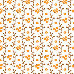 Striped pattern of brown twigs and small yellow flowers. Seamless vector image.