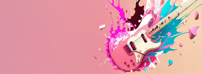 Obraz na płótnie Canvas beautiful pink guitar with magical splash texture for music banner festival in pink background generative ai