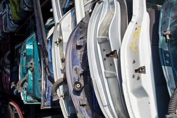 doors of accident vehicles in the scrapyard, parts, recycled, used,