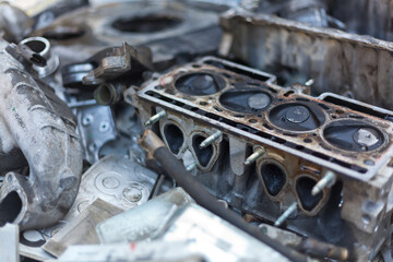 engine block of accident vehicle in the scrapyard, pistons, cylinder, valves, parts, recycled, used,