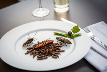 bugs and worms and other fictional insects on a white plate with cutlery. Generative AI