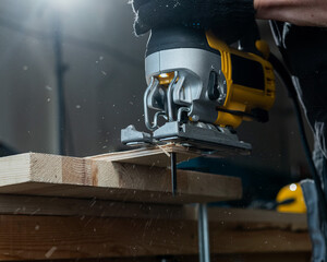 Close-up of a man cutting a wooden plank with an electric jigsaw in a workshop.