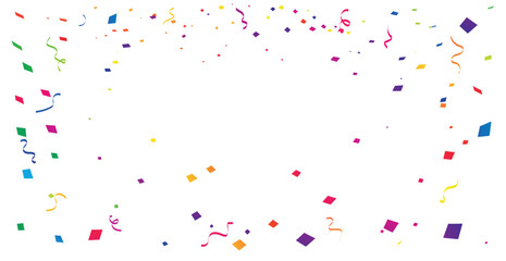Many Falling Colorful Tiny Confetti And Ribbon On White Background. Celebration Event and Party. Multicolored. Vector