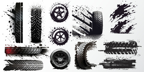 Fototapeta na wymiar Marks and dirt. Drag racing, drift, ралли, мотокросс, off-road and other. Car tires print, grunge off road wheels marks. Bike or truck wheel protector trails. Car tires in different angles, top, side.