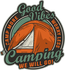 Camping nature print. Wild adventure outdoor sport with tent in the forest