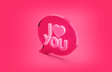 3d render of speech bubble with phrase I Love You with  a heart on pink background