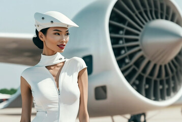 a modern, abstract outfit in white, attractive young woman is a stewardess or pilot in front of an airplane turbine, slim beauty and powerful, determined look. Generative AI