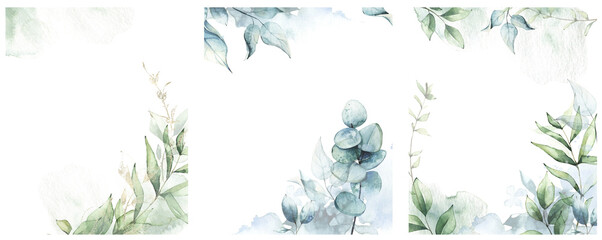 Set of Watercolor floral frame templates. Blue eucalyptus, greenery branches, leaves and abstract washes. Cut out hand drawn PNG illustration on transparent background. Isolated clipart.
