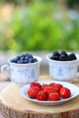 Blueberries, blackberries and strawberries in the vintage porcelain set. Healthy snack served in a garden. Selective focus.