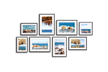 Photo frames collage isolated on white, sea view pictures, interior decor mock up