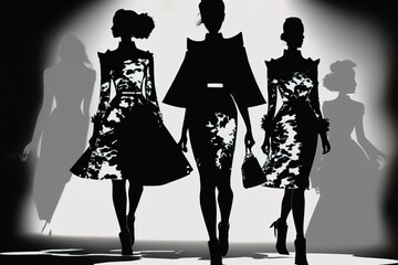 Fashion catwalk silhouette with model and supermodel in black and white