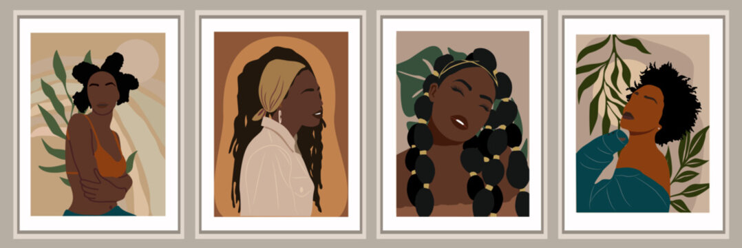 Abstract contemporary poster, wall art design with beautiful black women on neutral earthy colors background. Gorgeous African ladies with exotic hairstyle and gold accessories vector bohemian art.