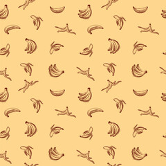 Seamless pattern with sketches of bananas. Hand drawn illustration. Bunch of bananas, open banana, banana peel. Isolated.