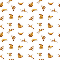 Seamless pattern with sketches of bananas. Hand drawn illustration. Bunch of bananas, open banana, banana peel. Isolated without background.