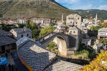 Old bridge made of stone during Ottoman era, over Neretva River, in Southern part of Bosnia in city...