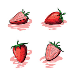 Colored strawberries sketch set. Isolated Hand drawn illustration. Ripe and sliced strawberry.