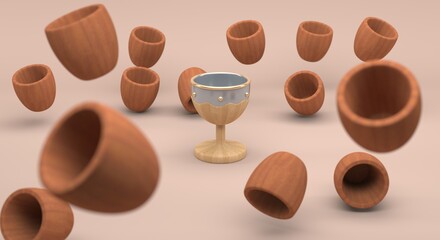 Medieval wooden goblet, gold and silver in focus and out of focus falling wooden cups (3d illustration)