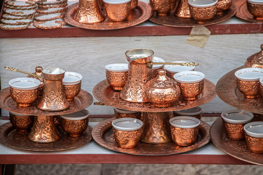 Bosnian Turkish coffee served in Ottoman style coffee copper dishes called dzezva and fildzan, very traditional way to have coffee in Balkan region