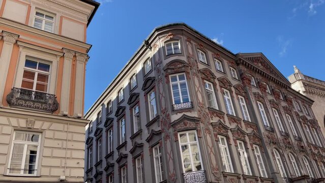 Classic building facades under blue sky in Munich, Germany. Traditional Bavarian architecture style concept