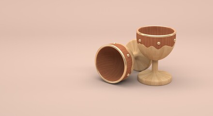 two antique wooden and gold goblets from the medieval era (3d illustration)