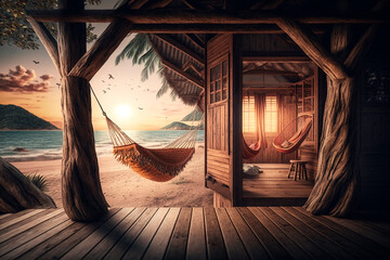comfortable small modern wooden bungalow on sandy beach, small veranda with hammock, palm trees and mountains, concept of easy living, generative ai