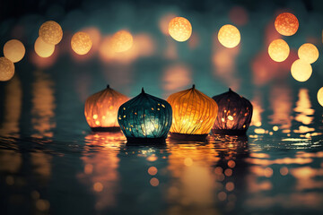 Fototapeta na wymiar Paper lanterns float on dark water. Traditional Floating Lantern Festival, Memorial Day. Generative AI illustration
