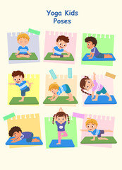 Set of Yoga kids balancing poses. Gymnastics for children and healthy lifestyle. Vector illustration.