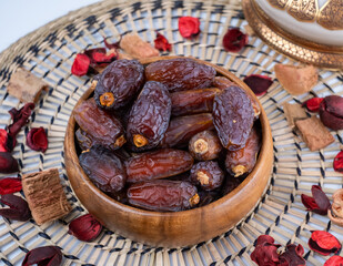 Ramadan Dates Palm Fruit On A Wooden Plate. 
