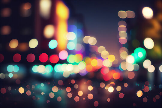 Blurred buildings with bright bokeh lights at night.